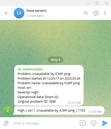 Alerta do Zabbix enviado pelo Telegram